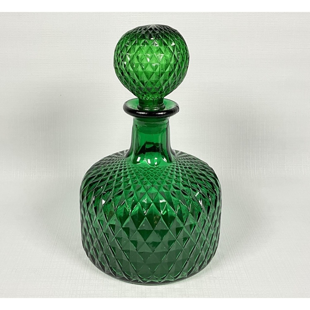 Empoli Glass Emerald Green Diamond Point 8.5" Modern Round Decanter Bottle VTG